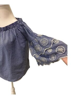 Rebellion Blue and White Striped Off-Shoulder Top. Large